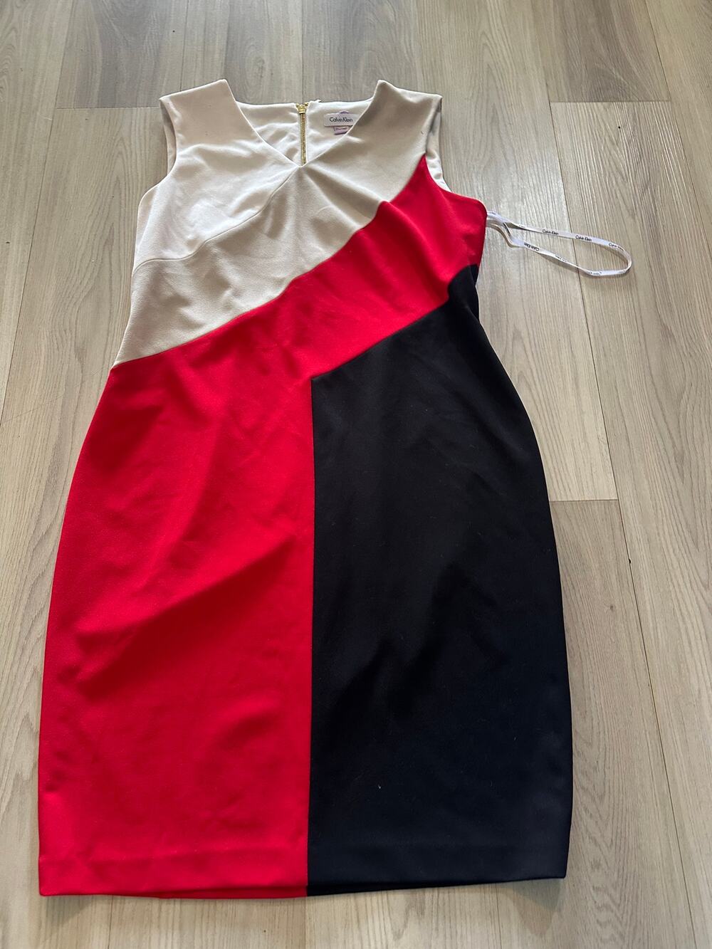 Calvin Klein Colorblock Sheath Dress Red Black Cream Exposed Zip Sleeveless 14